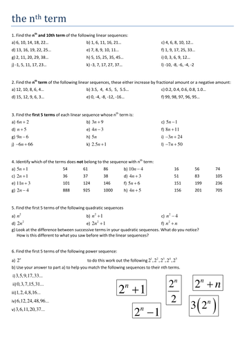 Maths KS4 The nth term worksheet