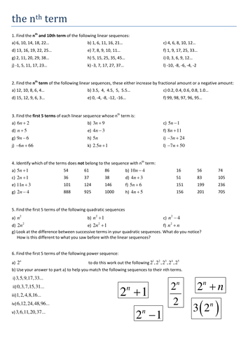 maths ks4 the nth term worksheet teaching resources