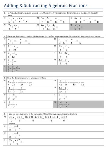 Maths: Adding & Subtracting Algebraic Fractions | Teaching Resources