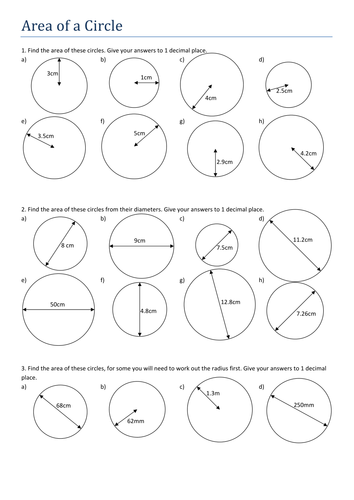 Maths worksheet: Area of a Circle