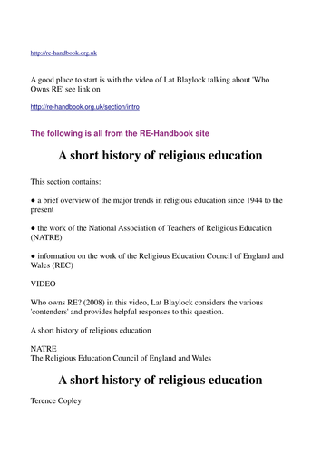 Religious Education Pedagogy and the history of RE