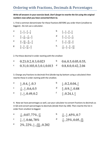 ordering fractions decimals percentages teaching resources