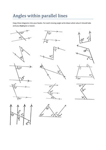 maths worksheet angles within parallel lines teaching resources