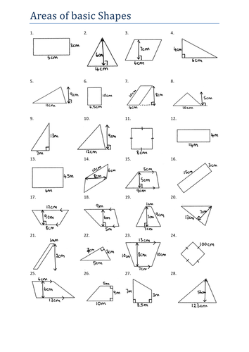 area of basic shapes worksheet ks3 teaching resources