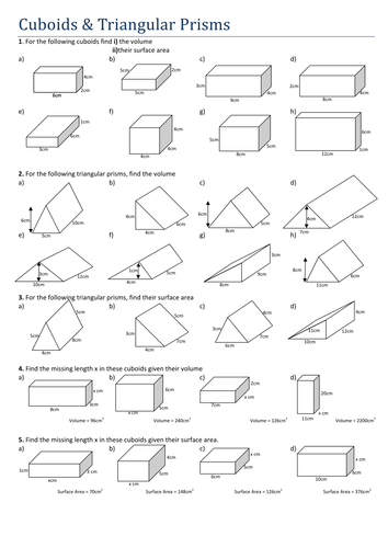 Printables Area And Volume Worksheets maths cuboids and triangular prisms by tristanjones teaching preview resource