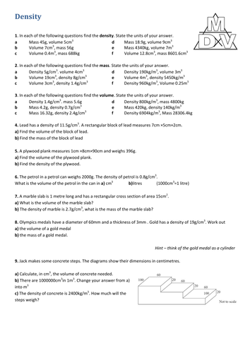 Density Worksheet By Tristanjones Teaching Resources Tes