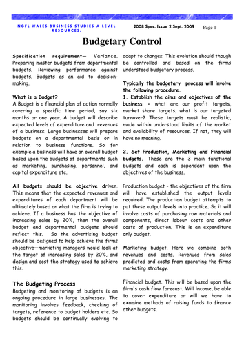 Unit BS4 : Business Strategy and Practice - Budget