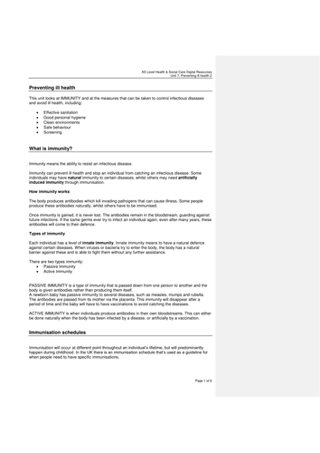 Preventing Ill Health (2) - Teacher's notes