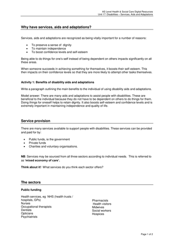 Disabilities - Services, Aids and Adaptations