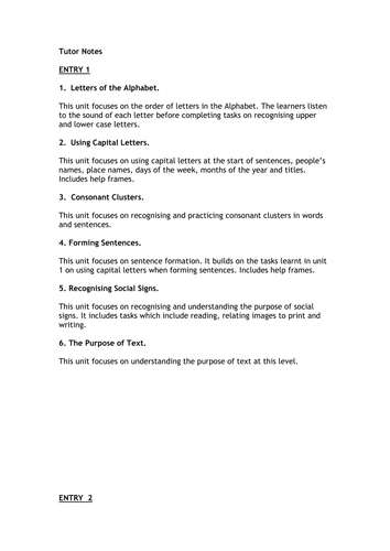 Entry Level Literacy 14-19 - Tutor notes