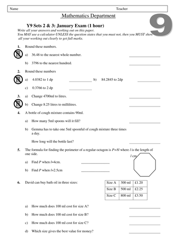 Y9 sets 2&3 test January