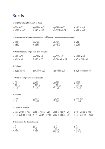 Maths: Surds worksheet