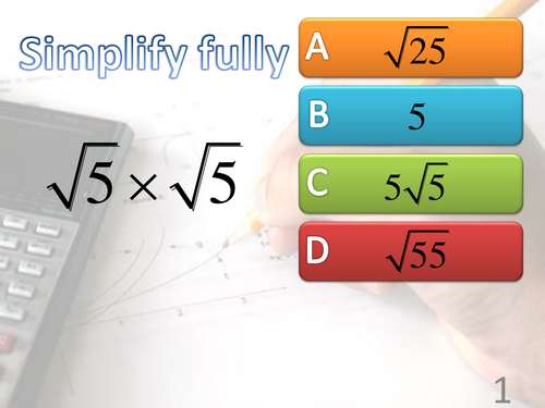 Maths Surds starter, multiple choice GCSE/C1