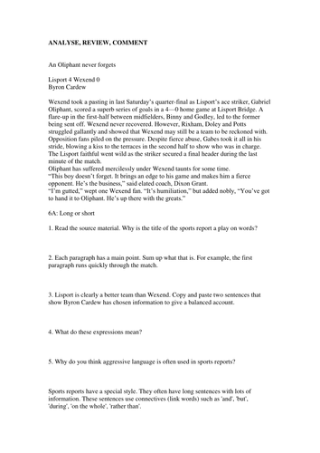 Cover Lesson for analysing sports writing