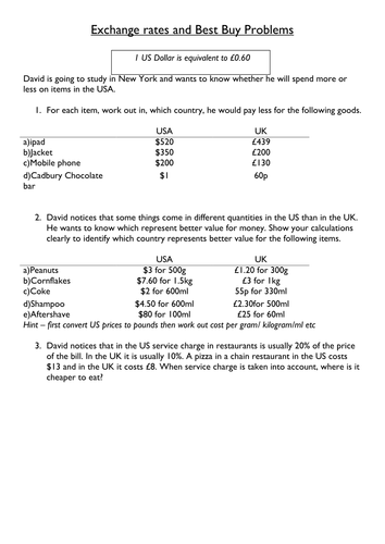 Exchange rate & best buy problems. GCSE