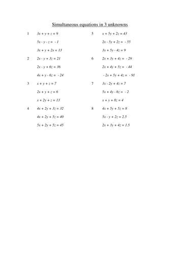 Simultaneous equations in 3 unknowns