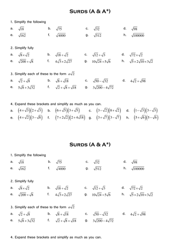 Surds alternative worksheet