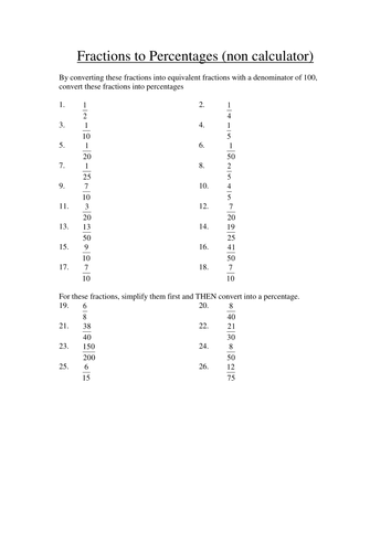 Converting Fractions to Percentages KS3 Worksheet