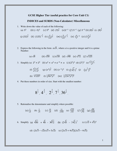 Indices/Surds GCSE/Y12C1 Practice_ Non-Calculator