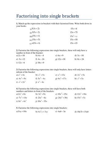 gcse factorising into single brackets worksheet teaching resources