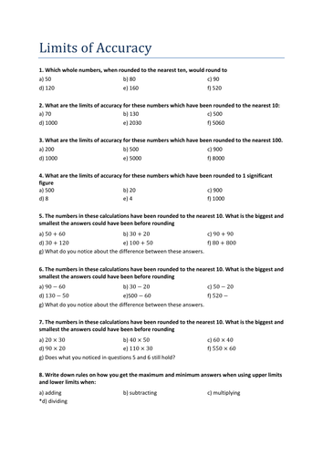 Limits of Accuracy - KS3 Worksheet