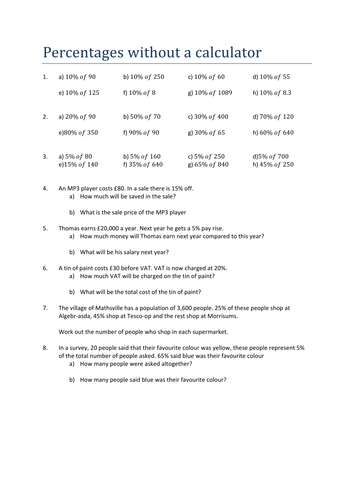 Percentages without a Calculator GCSE Worksheet