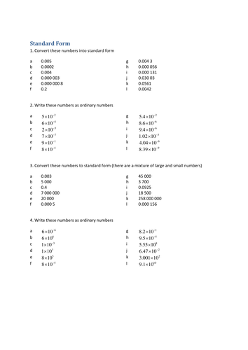 Standard Form Worksheet Tes