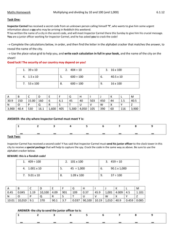 Worksheet/Homework: X & Dividing By 10,100,1000 | Teaching Resources