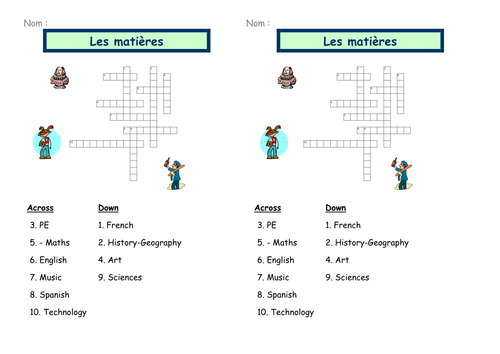 Les matieres scolaire - Crosswords