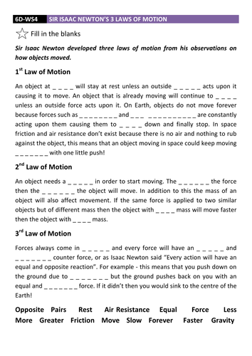 Laws of Motion Fill in the Blanks DCJSSS