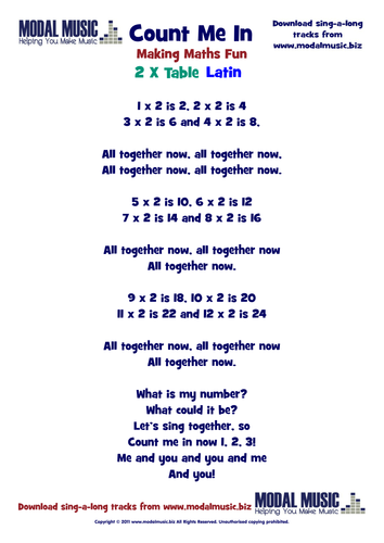 Lyric Sheet for Latin 2 x Table Song