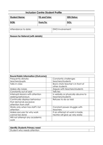 Pupil Profile Document Teaching Resources 0691