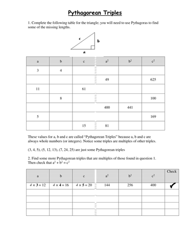 Pythagorean Triples worksheet Teaching Resources
