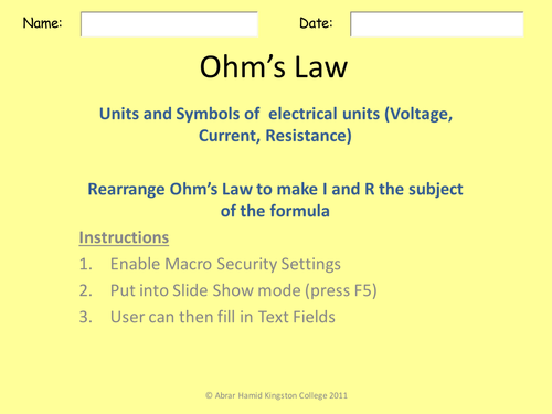Ohms Law - Interactive PowerPoint Activity