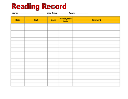 Reading Record recording sheet