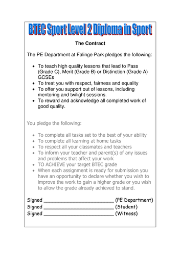 B-Tec Diploma in sport contract