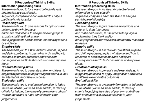 Handy handout on Thinking Skills to put in books