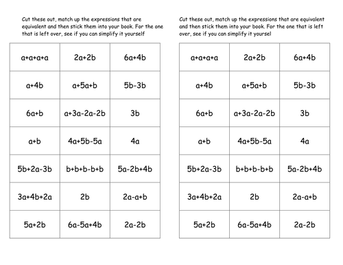 Maths Collecting like terms cut & stick worksheet