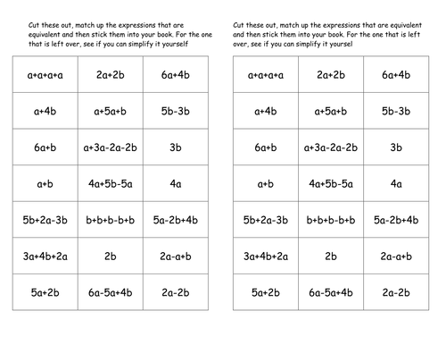 Maths Collecting Like Terms Cut Stick Worksheet Teaching Resources