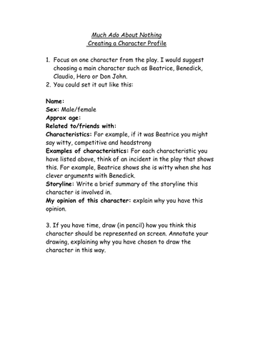 Character Profile Worksheet Much Ado About Nothing