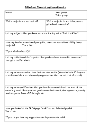 KS3 Gifted and Talented Questionnaire