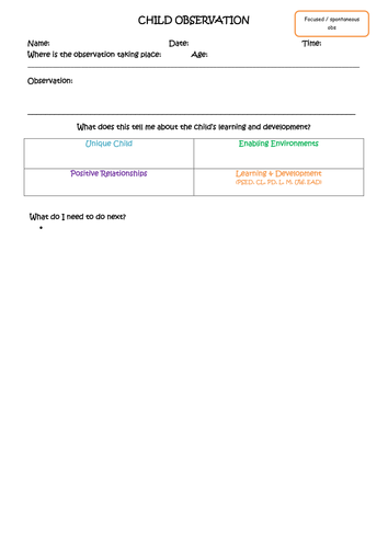 Revised EYFS focused observation sheet