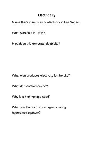 Electric City Question sheet