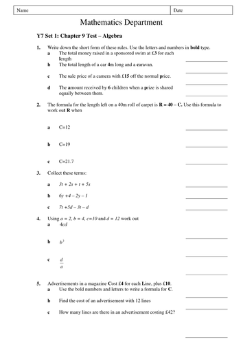 year 7 algebra test teaching resources