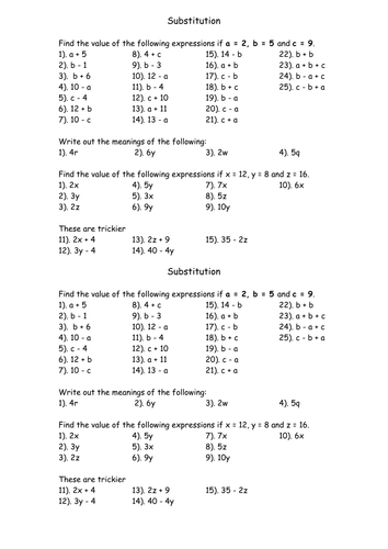 Simple Substitution. Worksheet. KS3. Lower ability