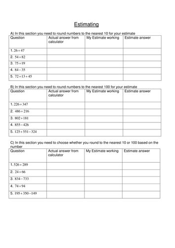 Estimation in tables. Worksheet