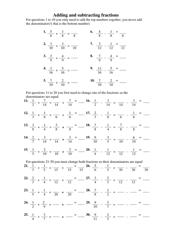 adding and subtracting fractions worksheet teaching
