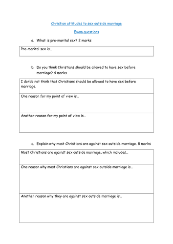 Christianity And Sex Outside Marriage Exam Q Frame Teaching Resources