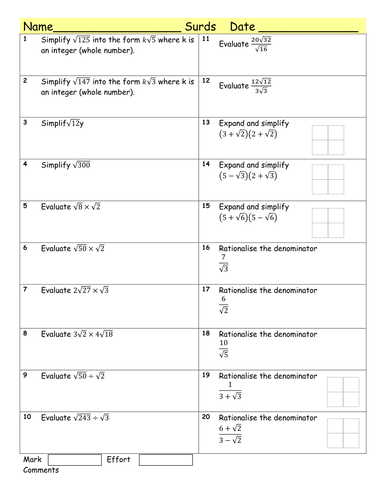 Maths Surds (2nd attempt) worksheet