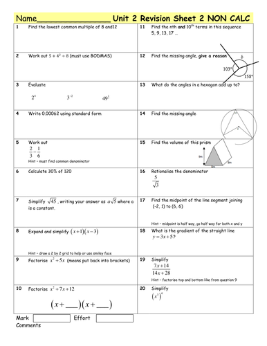 Gcse Maths Unit 2 Higher Revision Sheets Teaching Resources